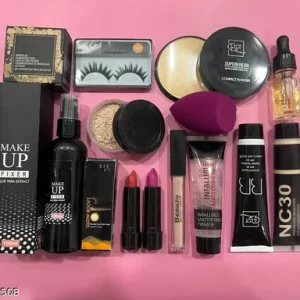 Best Combo of 12Products–Puff,Loose Powder, Concealer, Eyelashes,Fixer, Serum, 2Lipstik,BB Cream,Compact,Primer, NCfoundation,