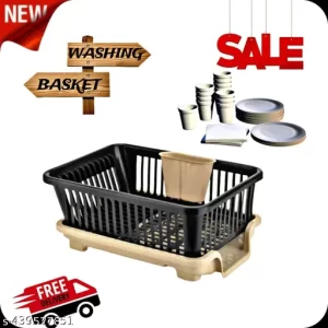 3 in 1 Large Sink Set Dish Rack Drainer Dying Rack Washing Basket With Tray for Kitchen, Dish Rack Organizers, Utensils Tool cutlery(Black & Cream)