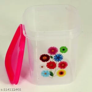 Vishva Plast Square Plastic Kitchen Storage Food Container, Plastic Grocery Container, Snacks Container, Fridge Storage, Disposable Food Containers, Pickle Jar Container Pink Cap (1000ml Pack Of 10)