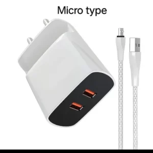 Dual Port Charger for All V Type Mobile Activ Charger Original Adapter Like Wall Charger with Inbuilt Mobile Stand | Mobile Charger | Fast Charger | Android USB Charger With 1 Meter Micro USB Charging Data Cable (3.4 Amp, S, White)