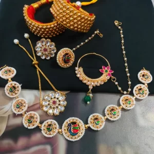 Kavya Sales trendy Rajasthani Shishful (mathapatti) Nosering nath nathiya,Armlet/Bazuband(pouchi) with kundan Ring Bracelet & Bor /Borla Combo pack of 6 for women and Girls