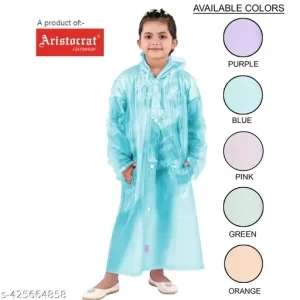 Girls Waterproof Knee Length Full Sleeves PVC Rransparent Raincoat with Hood | Kids Washable Barsati Long Rainwear With Bag Space