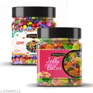 RENEWTRIA Chocolate Gems and Sugar Coated Mix Fruits Jelly candy combo (2x400g) Jar Pack choco Gems,jelly bite Candy (Each ,400g)