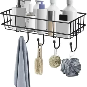 Super Self Adhesive Metal Kitchen and Bathroom Rack Storage Shelves Shelf Organizer Storage Stainless Steel Wall Shelf With Towel Holder Black Bath Shelves Net Quantity {N} Pack Of 1