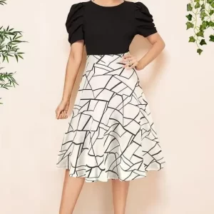 Womens Dresses for Work,Women’s Vintage Short Sleeve Patchwork Pockets Puffy Swing Casual Party Dress