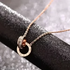 Roman Interlocking Numerals Starry Double Ring Diamond Pendant Steel Chain Necklace Does Not Fade Light Luxury Temperament Clavicle High-Quality Chain European And American Titanium Steel 044
