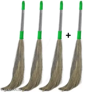 SIDHMART – (Pack of 4) Steel Pipe Kleen Sweep Natural Grass Broom Stick for Home Cleaning | Phool Jhadu with 18 cm Long Handle | Housekeeping & Cleaning Supplies Product for House & Office