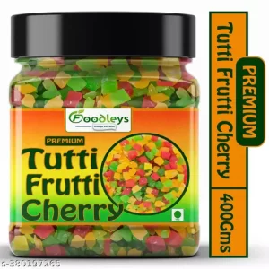 FoodLeys Tutti Frutti Cherry | Fresh And Natural Tutti Frutti | Multicolour Tutti Frutti Mix | Fresh Cherry (Cherry Fresh Fruits) | Decoration And Topping For Cakes, Cookies Ice Cream, Sundaes, Bread And Pastries | Candied Fruit Cubes | Candied Raw Papaya (400Gms) | Premium Quality (400Gms Jar)