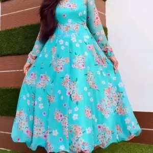 sky blue colour printed georgette dress