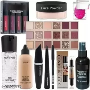 4IN 1MINI LIPSTICK+LOOSE POWDER+PUFF+BOTTLE PRIMER+ DOODH BOTTLE+3 IN 1+CONTOUR+FIXER+NUDEEYESHADOW