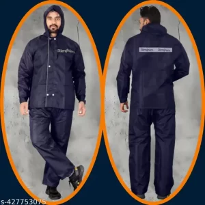 Men’s Waterproof Raincoat Double Coating Reversible Rain Suit with Hood & Inner Mobile Pocket. Set of Top and Bottom. Printed Plastic Pouch