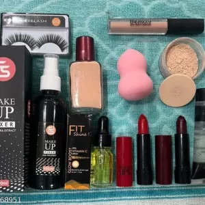 FACE & EYE COMBO 10Puff,Loose Powder, Concealer, Eyelashes,Fixer, Serum, 2Lipstik,