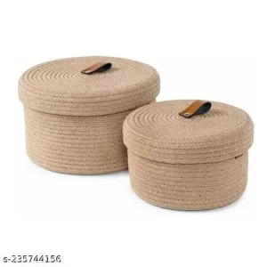 Tamanna Multi-Purpose Essential Jute Basket with Lid Beige Color Storage Baskets For Bathroom Living room & Kitchen Organiser box vanity box first aid box (Pack of 2) 28x18cm and 13x23cm