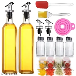 HK HOME 500ml Unique Oil Dispenser (Pack Of 2), 120ml Spice Jars (Pack Of 4), Oil Brush Spatula Combo (Multicolour) & Foldable Funnel-1 (Multicolour) With 2 Oil Bottle Cap Free – Total 11Pcs
