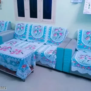 Samario Multicolour Cotton 3+1+1 Sofa Cover With 40 into 60 Inches Center Table Cover (Blue)