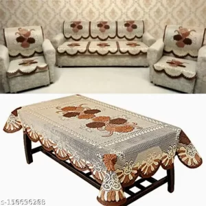 High Quality Flower Design Slip Resistant 5 Seater Sofa Cover Set with Designer Centre table cover – Set of 11 pieces (Brown colour)