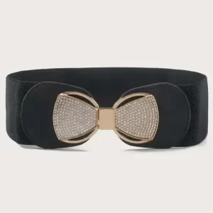 Women Fashion Stretchable Bow-knot Resinbeads Decor Buckle with Black Waist Belt For Women & Girls