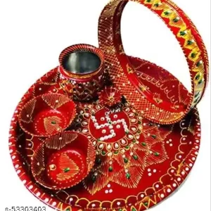 Rockfield Karwa chauth thali Set| karwachauth puja thali Set | Pooja Thal | Lota/Kalash | Channi for Karwa Chauth Pooja, (Thali, Channi, Kalash, Diya, Akshat)