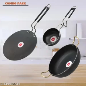 LAZYwindow Traditional Iron Tawa / Tadka Pan with Grip type Handle And Deep Bottom Kadhai Combo Pack (Base Black)