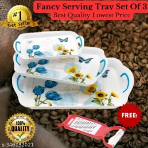 Nitron® Serving Tray Set of 3 Pcs with Rectangular Shape and Printed Design, Pack of 3 Tray Set -(Large, Medium and Small Length of 41, 34 and 26 cm) (BLACK) (FREE VEG PEELER)16