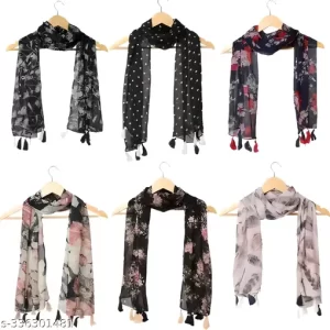 XMSFASHION Women’s Printed Chiffon Multicolored Scarf and Stoles with Tassels – Set of 6 (XMSFASHION_VN_036)