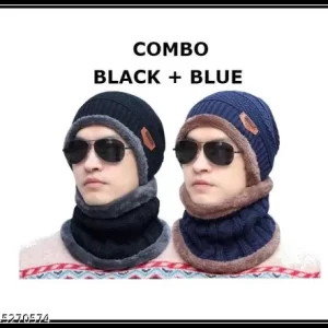 Ascute New Trending Pack of 2 Latest Winter Knit Thick Fleece Woolen Combo of Beanie Cap Hat and Faux Fur Lining Wool Neck Muffler Scarf | Pack of 2 / Trendy, very comfortable | Black & Blue for All Girls & Boys Men & Women.