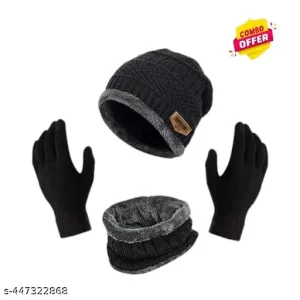 Trendy Winter Woolen Beanie Cap and Glove Set for Extra protection From cold for Men & Women (Black).