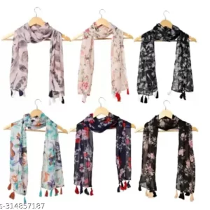 XMSFASHION Women’s Printed Chiffon Multicolored Scarf and Stoles with Tassels – Set of 2 (XMS)_RN6_001)