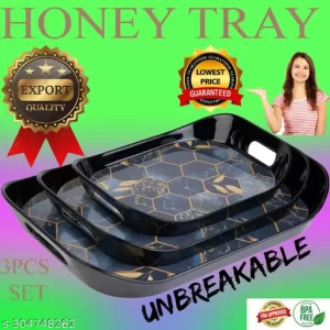 Serving Tray Set of 3 Pcs with Rectangular Shape and Printed Design, Pack of 3 Tray Set -(Large, Medium and Small SIZE)(HONEY COMB TRAY0101