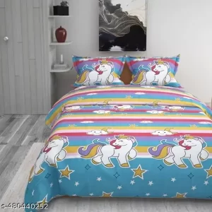 Glace Cotton Wrinkle Free Soft Hypoallergenic Bed Sheet | Cartoon Printed Double Bedsheets King Size for Kids with 2 Pillow Cover (90×95 Inches/Unicorn/Boys Girls Room)