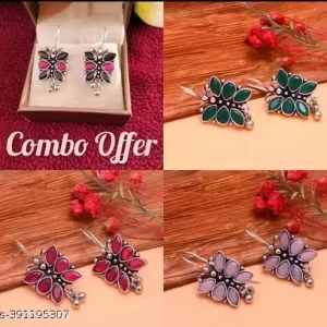 Earrings For Classy Alloy Metal Oxidised Silver Artificial Stones And Beads Women’s And Girl’s Hoop Earrings | Earrings For Women | Silver Earrings | ( Pack Of 4 )