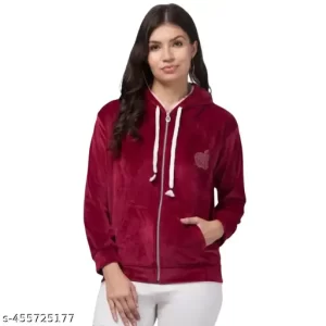 SAMAHI | Maroon Velvet Zipper Hoodie Sweatshirt For Women’s OR Girl’s