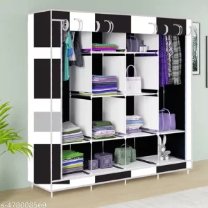SB07 French Door Printed, Cloth Stand & Cupboard and Almirah 3 Door 12 Shelf (Color-Black)