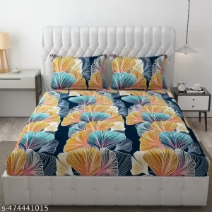 Super Soft Glace Cotton All Round Elastic Fitted Double Bed Bedsheet with 2 Pillow Covers-72x78x8 Inches