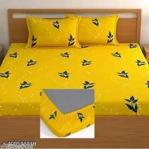 Elastic Fitted Glace-Cotton Bedsheet For King Size Double Bed With 2 Pillow Covers