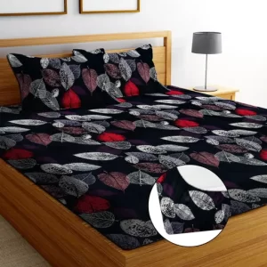 Glace Cotton King Size Bed Sheet with Elastic Trim (78″x72″x8″) for Mattresses Up to 8″ Thick, (Include 2 Pillow Covers) Bedspread (Fitted-Dark Purple, Black Leaf White RED Floral)