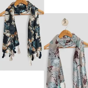 Poshampaa™ Printed Chiffon multicolor stoles scarves with tassels for Women ladies and girls- Pack of 2