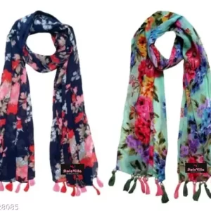 StoleVilla™ Women’s Printed Chiffon Multicolored Scarf and Stoles with Tassels – Set of 2 (MS090NN)