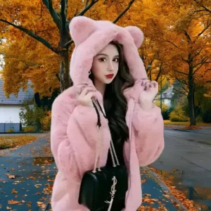 Trendy Crazy Fur Hoodie Sweatshirt with Kangaroo Pocket – Available in Pink & Black, Sizes S-XL