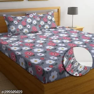 Super Soft Glace Cotton All Round Elastic Fitted Double Bed Bedsheet with 2 Pillow Covers-72x78x8 Inches-fiteed_Double