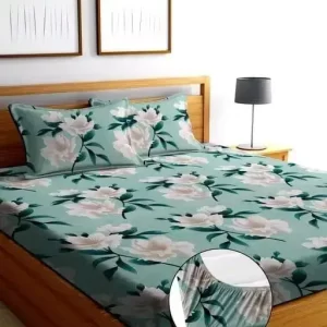 Super Soft Glace Cotton All Round Elastic Fitted Double Bed Bedsheet with 2 Pillow Covers-72x78x8 Inches-fiteed_Double