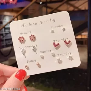 Vembley Pack of 7 Weekly Stud Earrings | Stud Earring Combo | Designer Western Earrings | Stylish Korean Earring Collection in Gold-Plated for Women & Girls