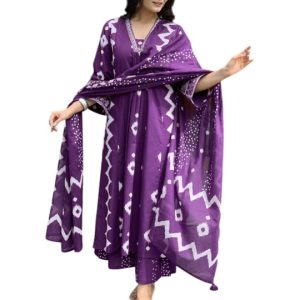 Rangnavi Women’s Cotton Anarkali Printed V-Neck Kurta with Palazzo & Dupatta | Ethnic Set | Dupatta Set | Suit Set |Kurta Set |