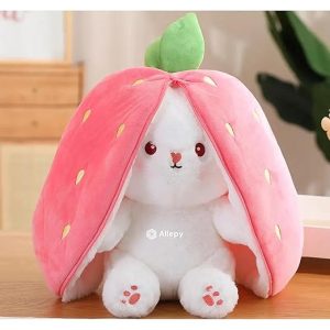 Allepy Rabbit with Chain Reversible Bunny Rabbit Soft Stuffed Toy for Girls Boys Baby Kids | Teddy Bear plushies, Animal Toy | Strawberry/Carrot Shaped | Valentine’s Gift (Pack of 1) (Pink)