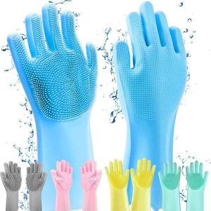 HUSB® Gloves Magic Silicone Dish Washing Gloves, Silicon Cleaning Gloves, Silicon Hand Gloves for Kitchen Dishwashing and Pet Grooming, Great for Washing Dish, Car, Bathroom (Multicolour, 1 Pair)