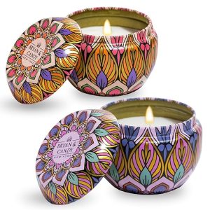 Bryan & Candy Scented Candles Gift Set for Women & Men,60gm Each Soy Wax Eco-Friendly Printed Tin, Pack of 2 (Lavender Citrus & Bulgarian Rose)