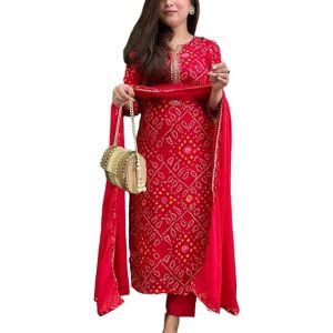 GoSriKi Women’s Rayon Viscose Straight Bandhej Printed Kurta with Pant & Dupatta