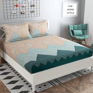 THE HOME STYLE Cotton Feel Glace Cotton Elastic Fitted Printed King Size Double Bed Bedsheet with 2 Pillow Cover(72″x78″, Pastel Green) , 300 – 350 threadcount