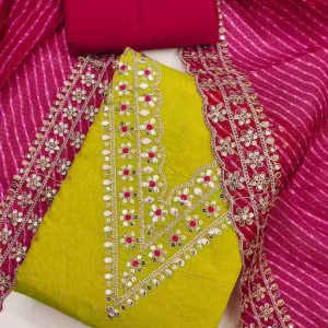 Bliss Flair White chanderi Silk Gota Patti Embroidered Dress Material suit for women With Heavy Neck And Lace (Unstitched)pakistani suit , festive wear for women