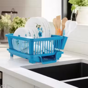 3 in 1 Kitchen Sink Dish Drainer Drying Rack Utensils Washing Holder Plastic Basket Organizer with Tray and Utensil Cutlery Holder Cup(set of 1,blue)